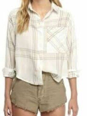Free People Beige & Tan Plaid Batwing Button Down Shirt size Oversize Small